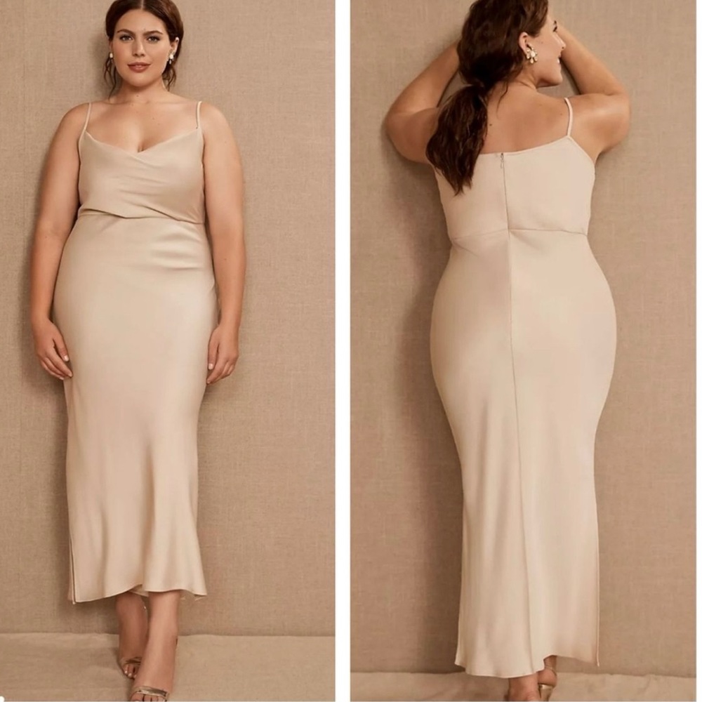 NWT BHLDN Cali Satin Cowl-Neck Midi Slip Dress in Oyster Sz 14